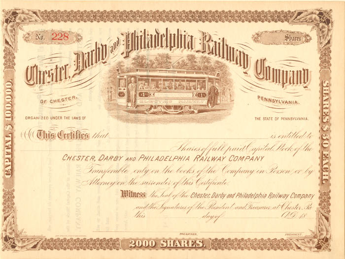 Chester, Darby and Philadelphia Railway Co. - Stock Certificate